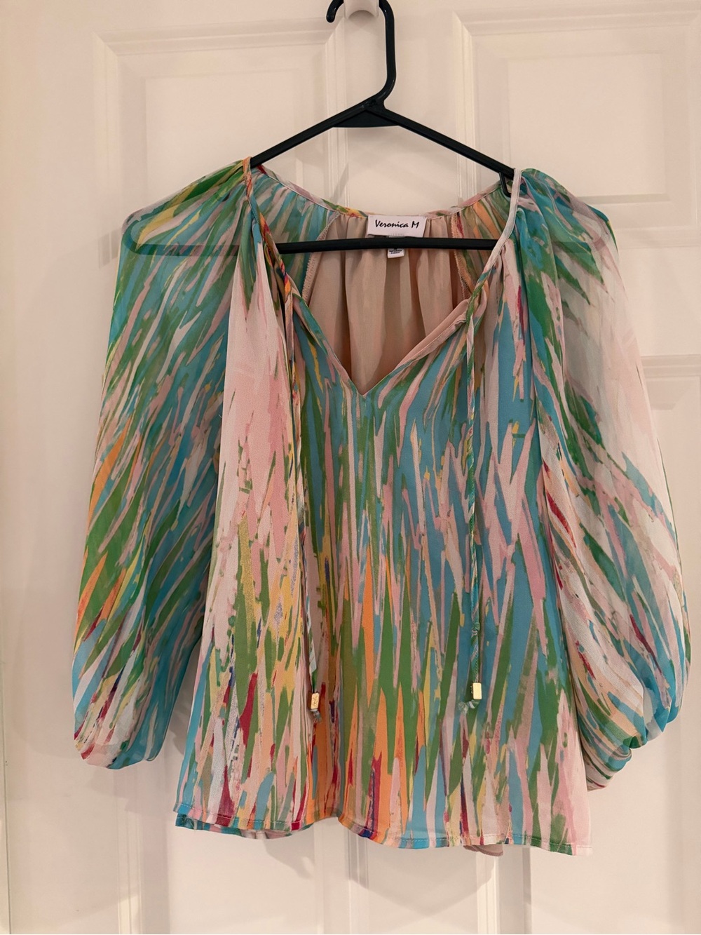 Veronica M Multicolor Abstract Chiffon V-Neck Blouse in Turquoise, Pink, Green